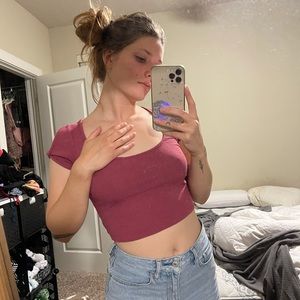 FREE WITH PURCHASE  Feminine pink ribbed crop top with peek-a-boo sleeves